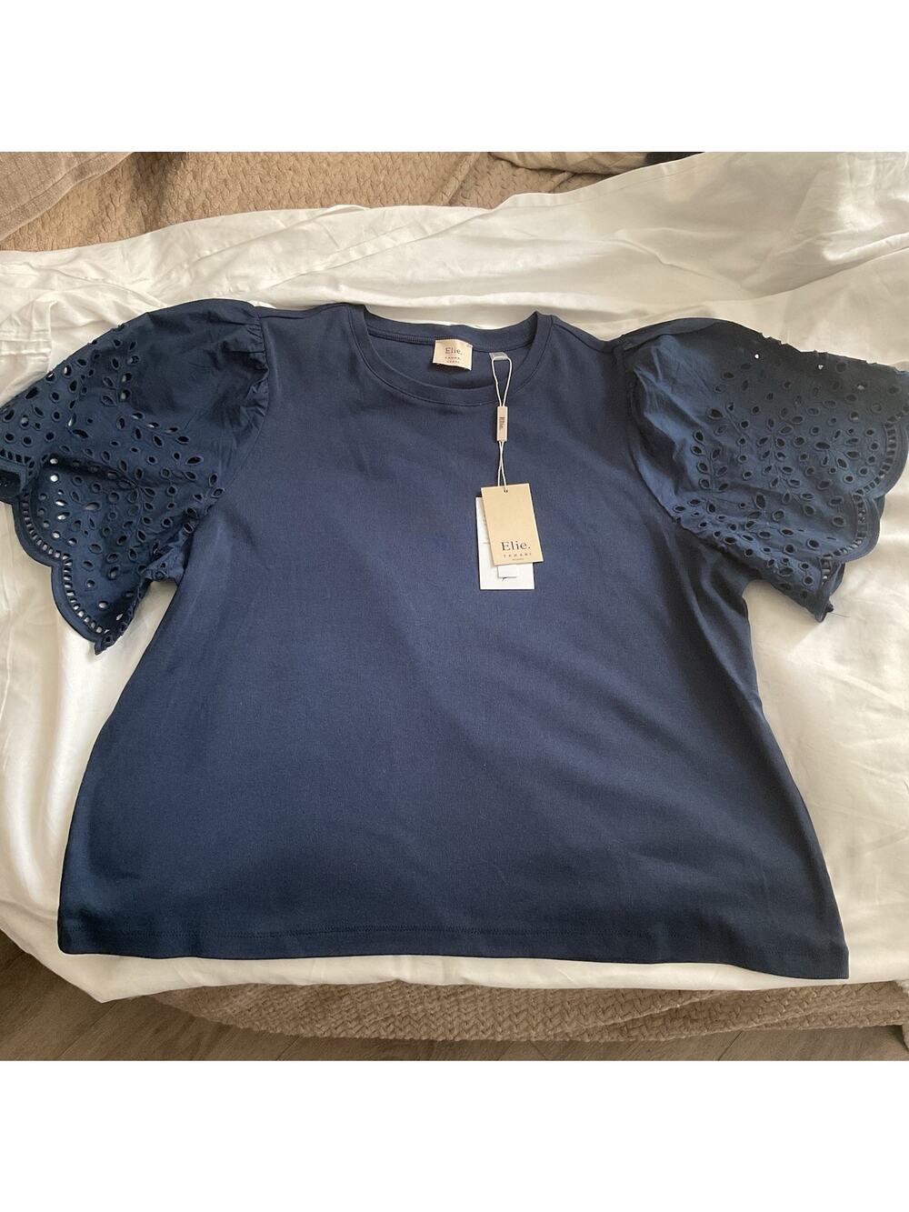 Elie Tahari Blue Eyelet Crew Neck Puff Short Sleeve Knit T-Shirt Plus 2X